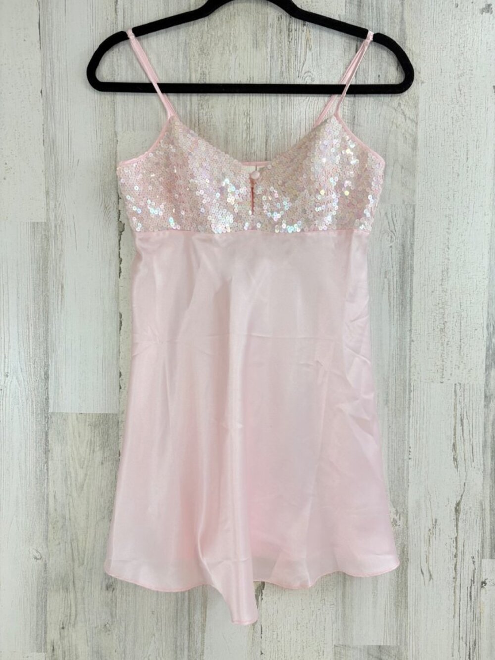 Vintage Victorias Secret Gold Crown Label Sequin Pink Satin Slip Chemise XS NWOT